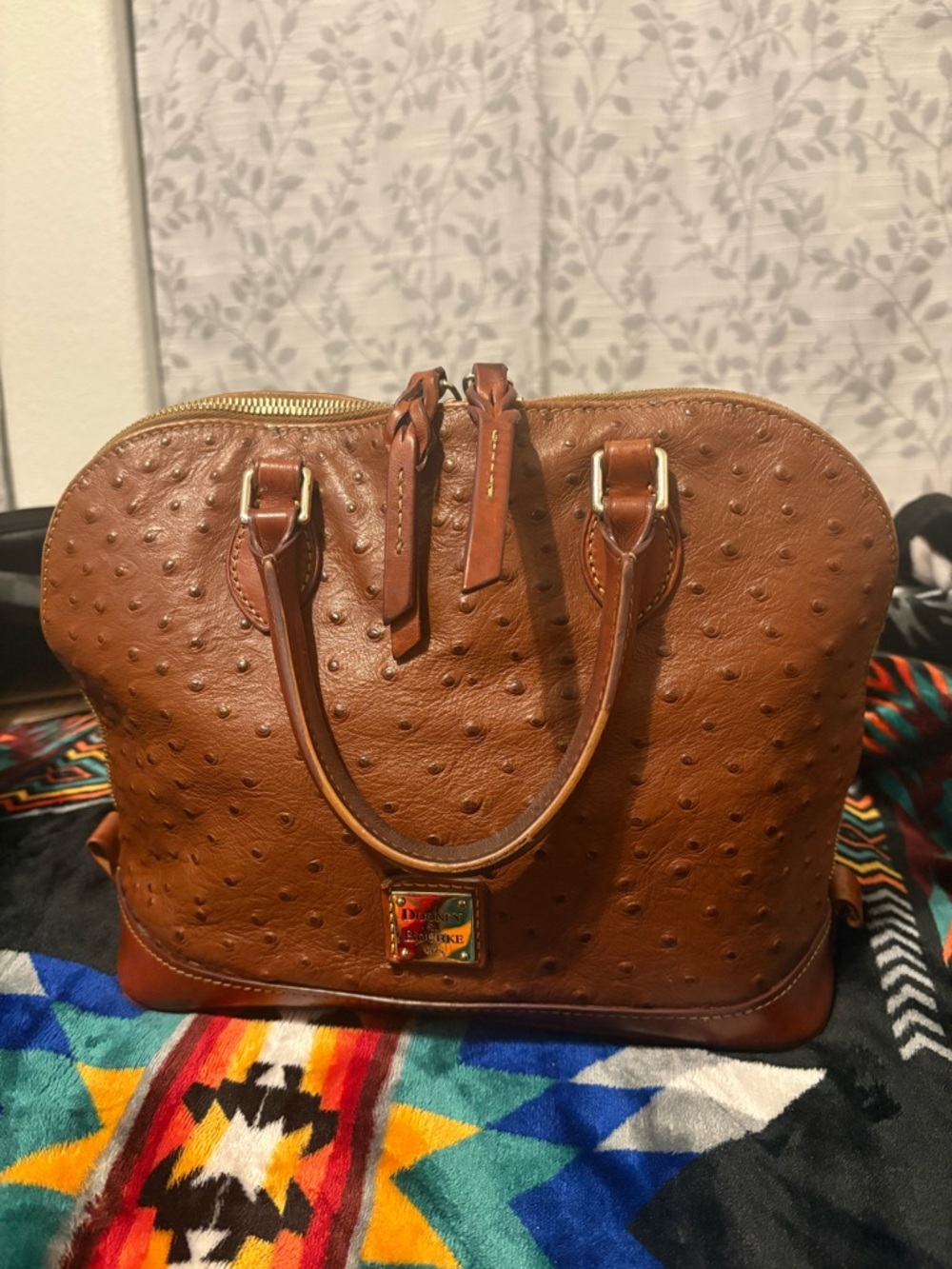 Dooney & Bourke Chestnut Brown Embossed Ostrich Satchel